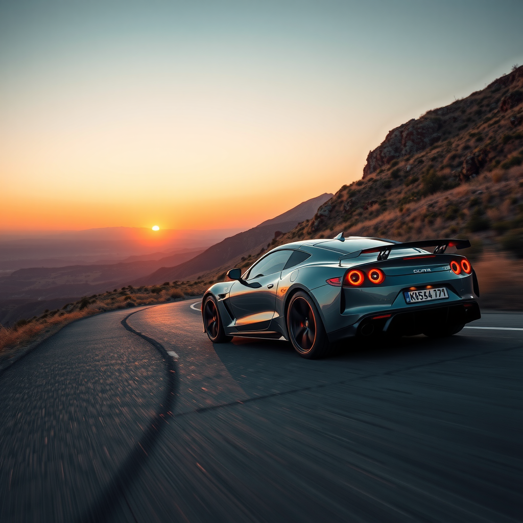 Un auto deportivo moderno en una carretera escénica al atardecer, representando la libertad y la exploración automotriz en Argentina.