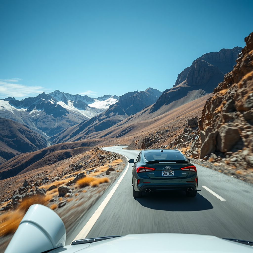 Un coche conduciendo por una carretera sinuosa en las majestuosas montañas de la Patagonia, con un cielo azul claro arriba.
