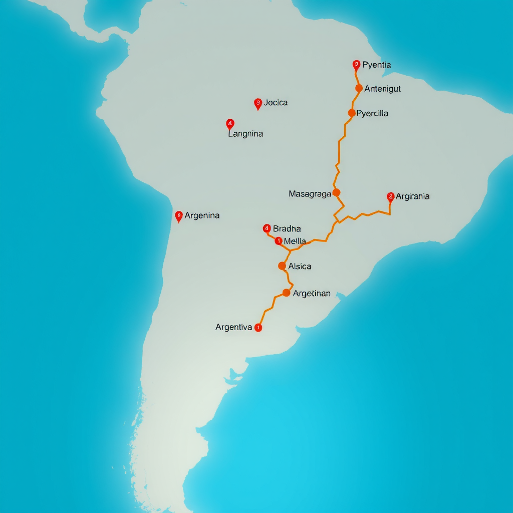 Mapa de Argentina con varias rutas de viaje destacadas, simbolizando una aventura en coche por el país.