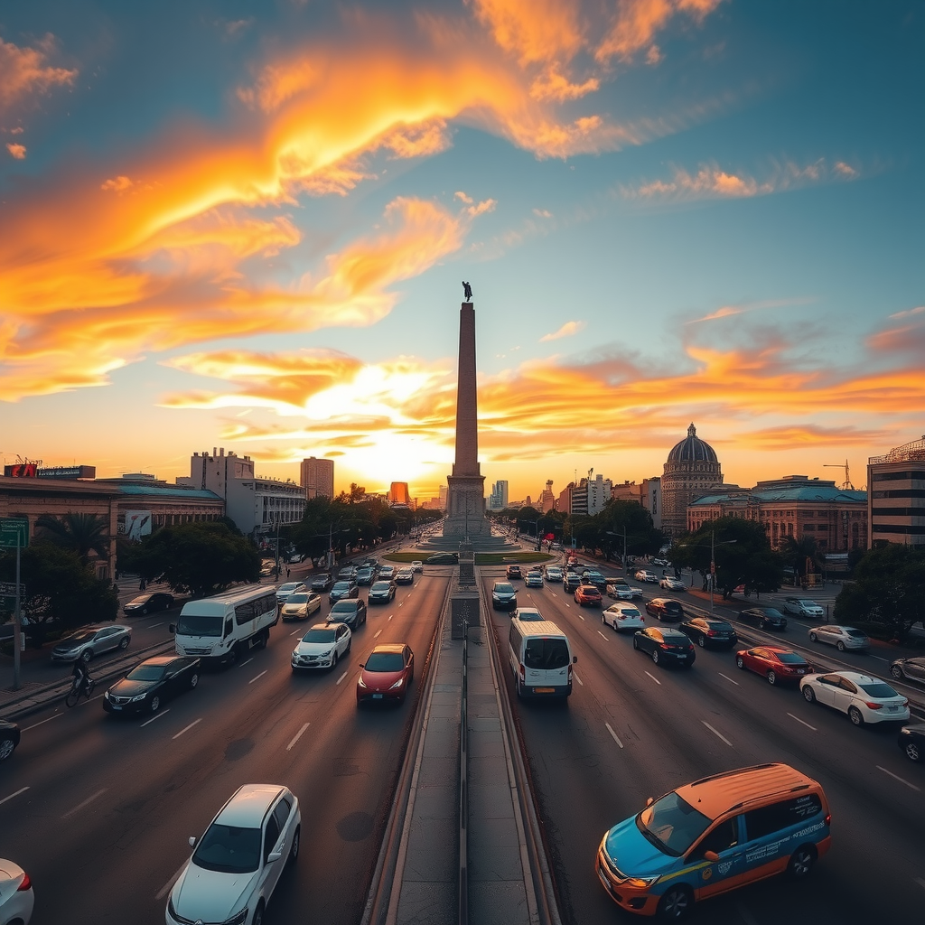 Vista panorámica del Obelisco en la Avenida 9 de Julio con tráfico denso al atardecer, mostrando la dinámica del tránsito en Buenos Aires.