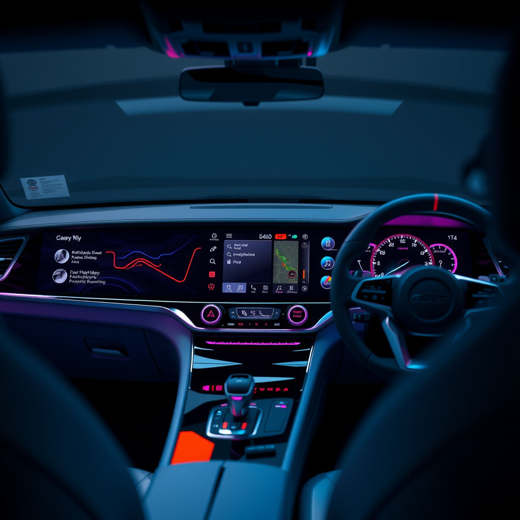 Moderno tablero de un auto con pantalla táctil y luces de neón, reflejando el interior de un vehículo de alta gama.