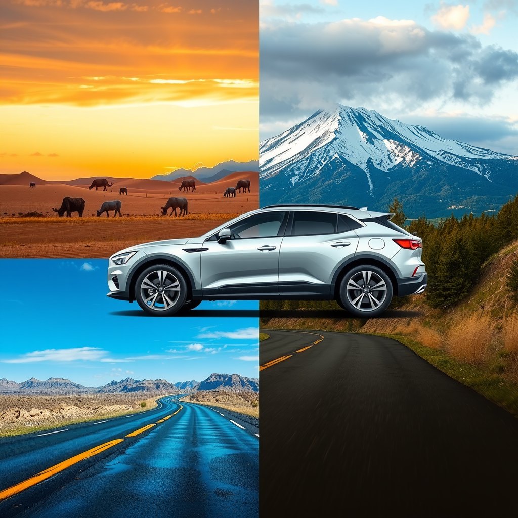Un collage de imágenes mostrando un coche en diversos climas de Argentina: un desierto caluroso, una montaña nevada y una ruta lluviosa, simbolizando la diversidad climática del país.