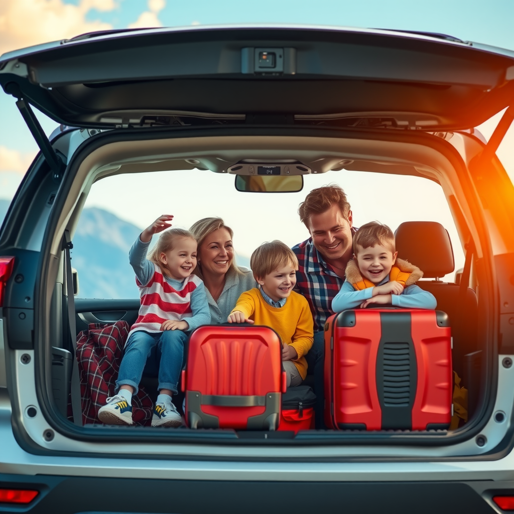 Una familia feliz cargando su equipaje en el maletero de un moderno SUV antes de iniciar un viaje por carretera, con un paisaje de montañas al fondo.