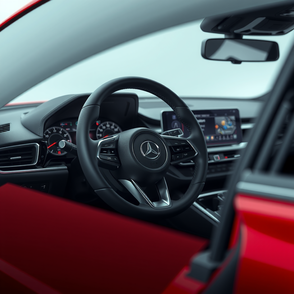 El interior de un coche moderno, mostrando el volante y un tablero digital, representando la tecnología y la simplicidad.