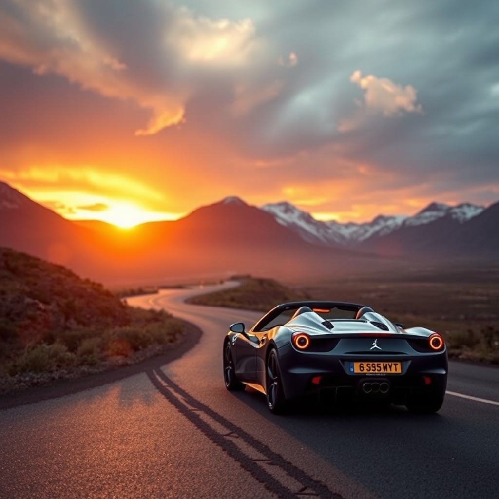 Una carretera serpenteante en la Patagonia argentina, con un auto deportivo recorriéndola bajo un cielo dramático al atardecer.