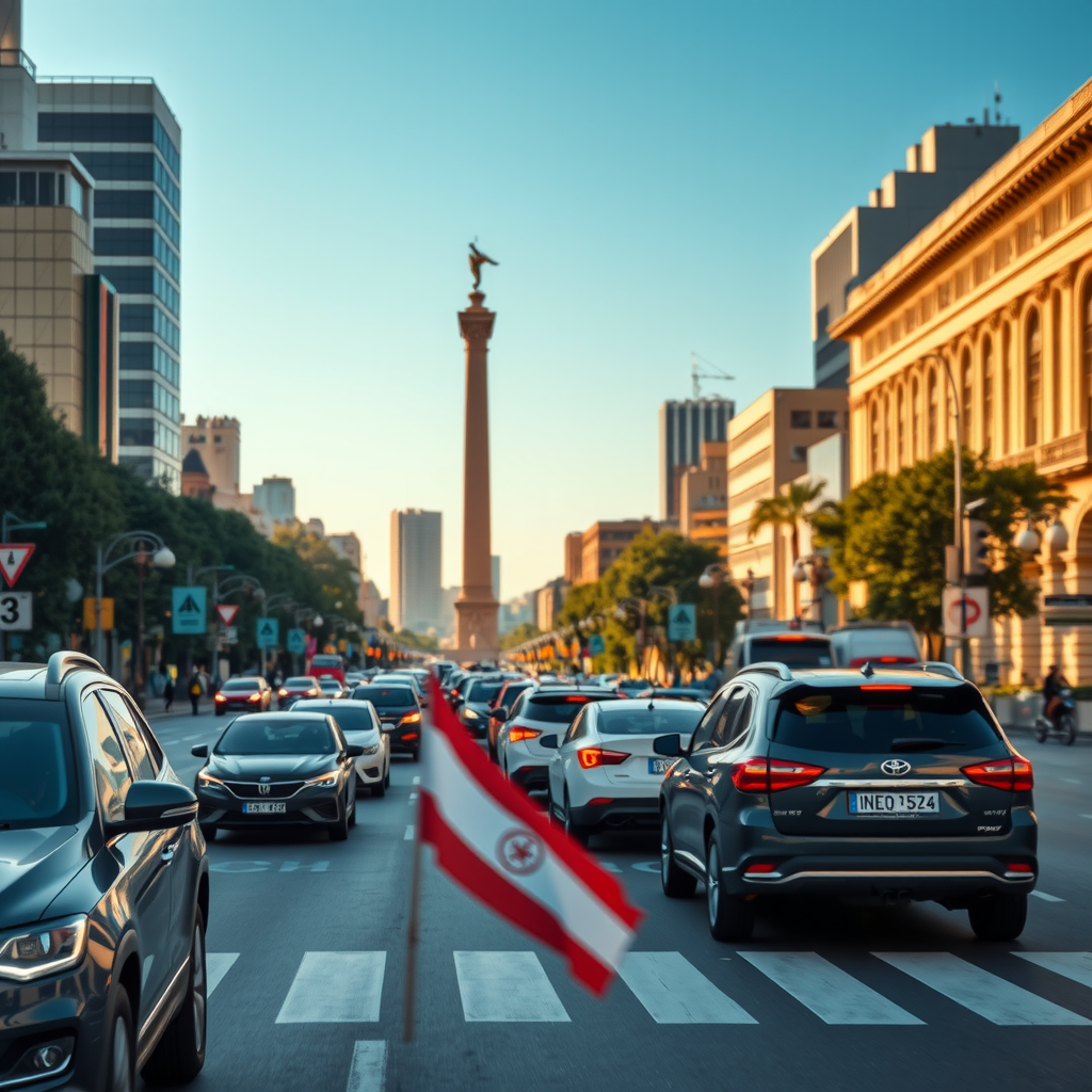 Una toma dinámica del tráfico de la ciudad en Buenos Aires, con el icónico Obelisco al fondo durante una tarde ajetreada.