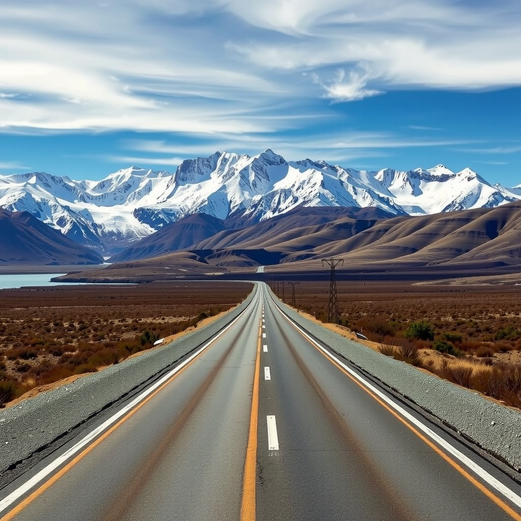 Imponente vista de la Ruta 40 en la Patagonia, con montañas nevadas y el Lago Argentino al fondo.