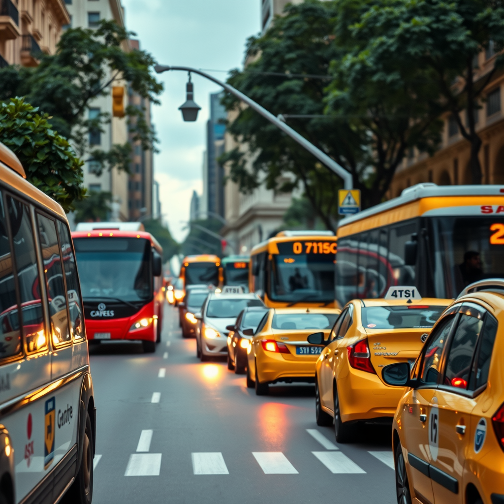 Una calle concurrida en el barrio de Palermo con colectivos, taxis y autos particulares, reflejando el ritmo acelerado del tránsito porteño.
