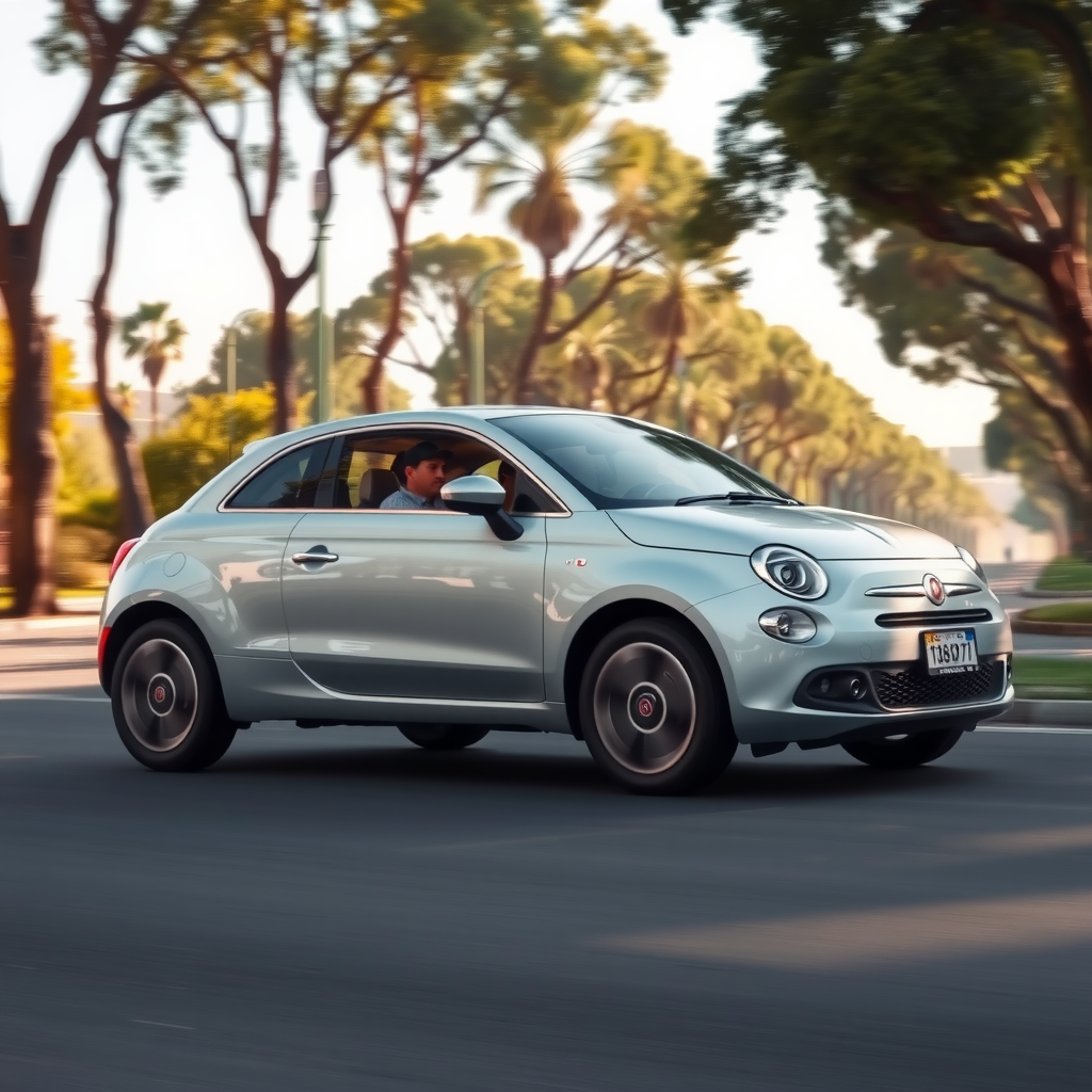 Fiat Cronos plateado en movimiento por una avenida arbolada de Buenos Aires, destacando su diseño elegante y urbano.