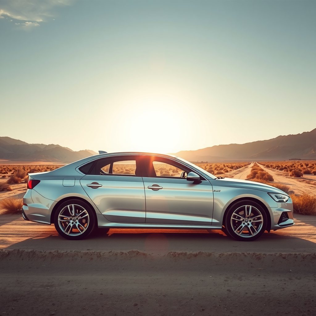 Un sedán plateado estacionado en una carretera de tierra en un paisaje desértico del norte argentino, con el sol brillante y montañas áridas al fondo.