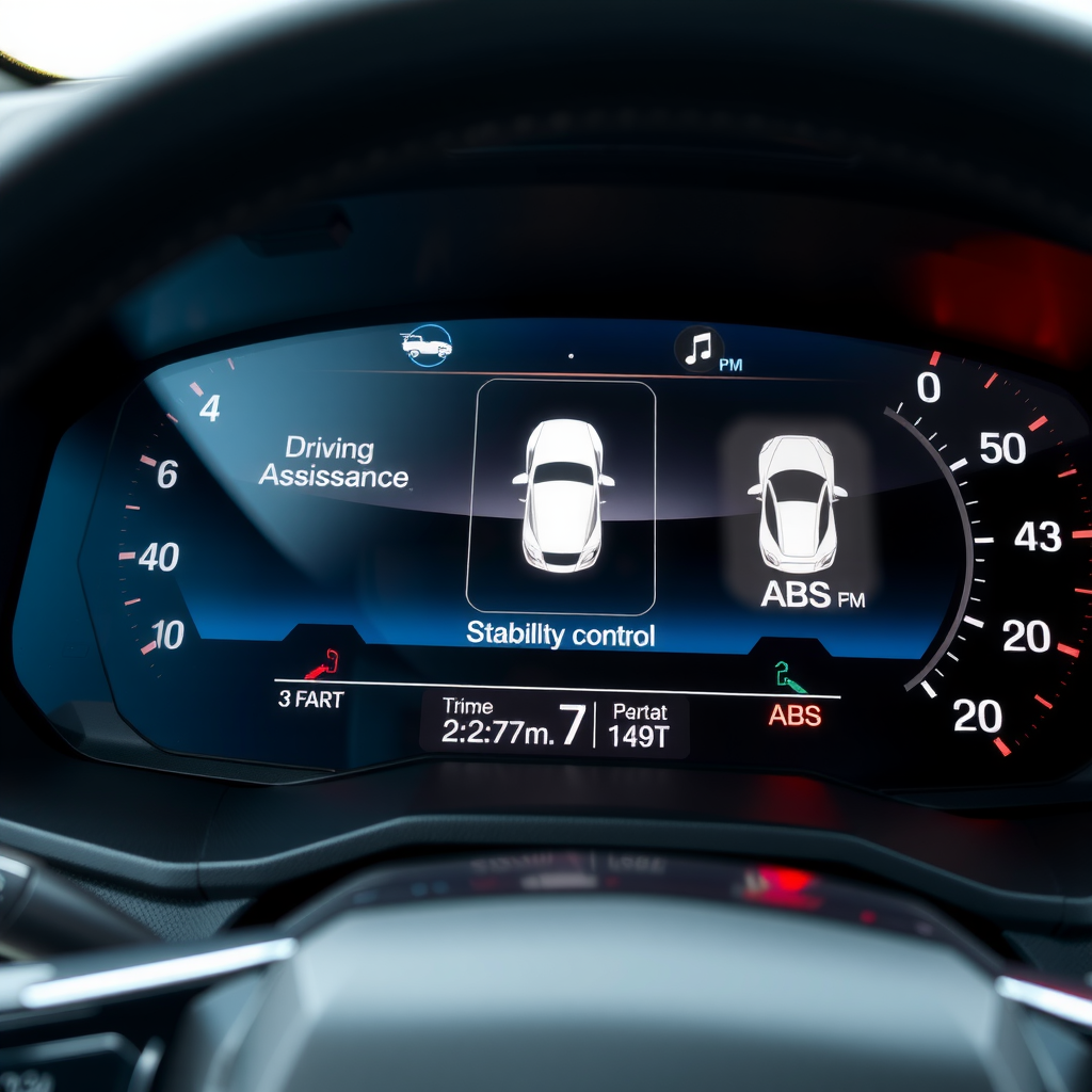 Primer plano del tablero de un coche moderno mostrando los íconos de asistencia a la conducción, como el control de estabilidad y el sistema de frenos ABS.