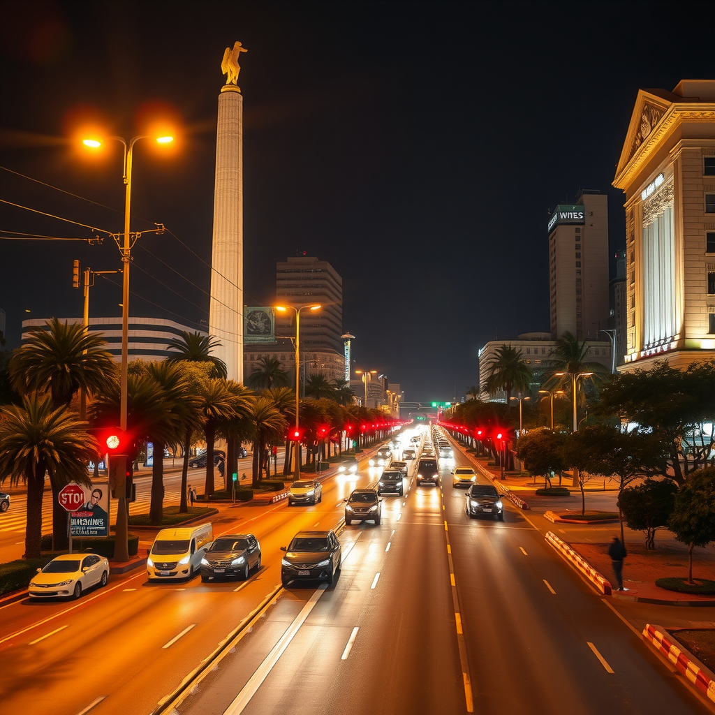 Vista nocturna de la Avenida 9 de Julio en Buenos Aires, con el Obelisco iluminado y estelas de luces de los vehículos en movimiento.