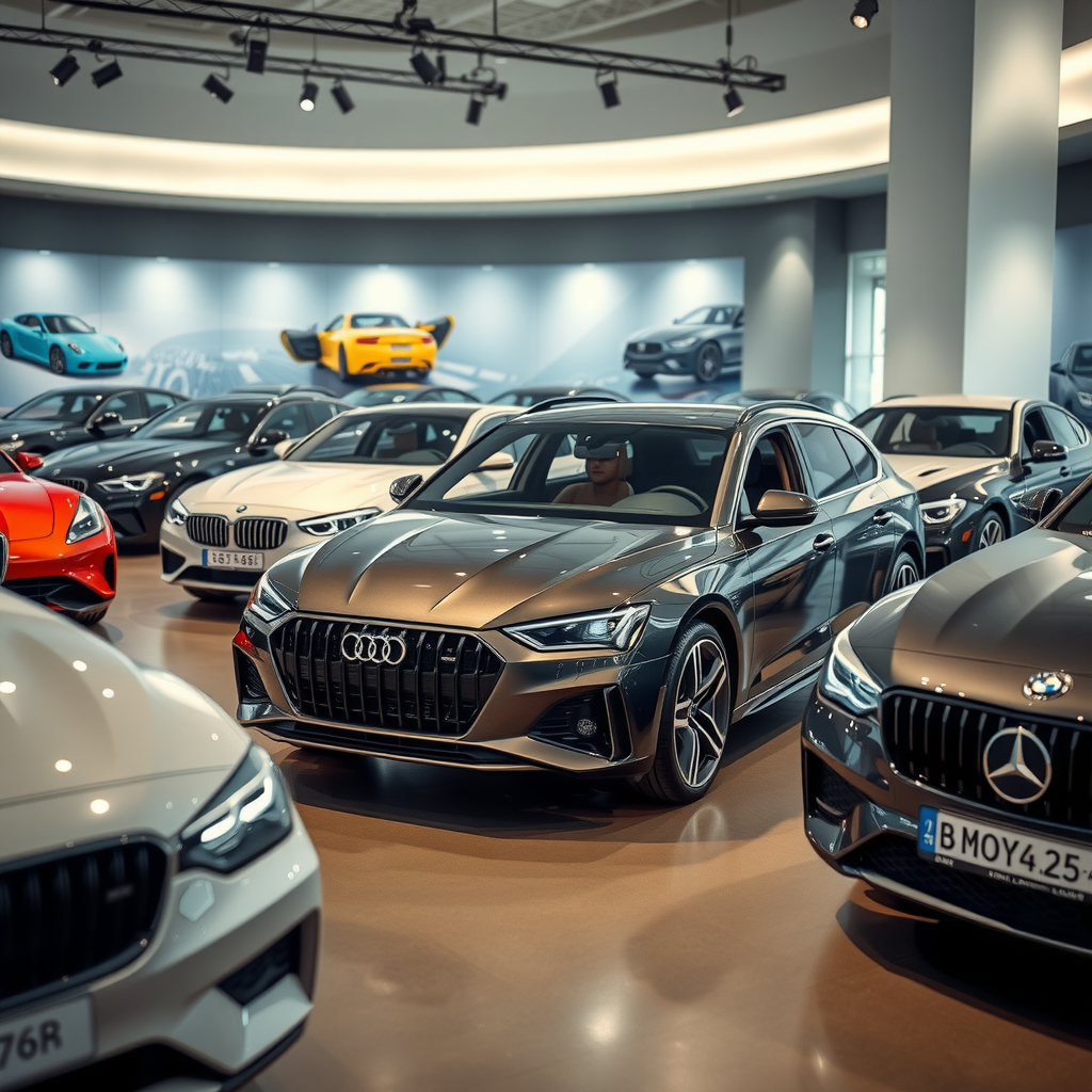 Un elegante showroom que muestra varios coches modernos de diferentes modelos, destacando su diseño y características bajo luces brillantes.