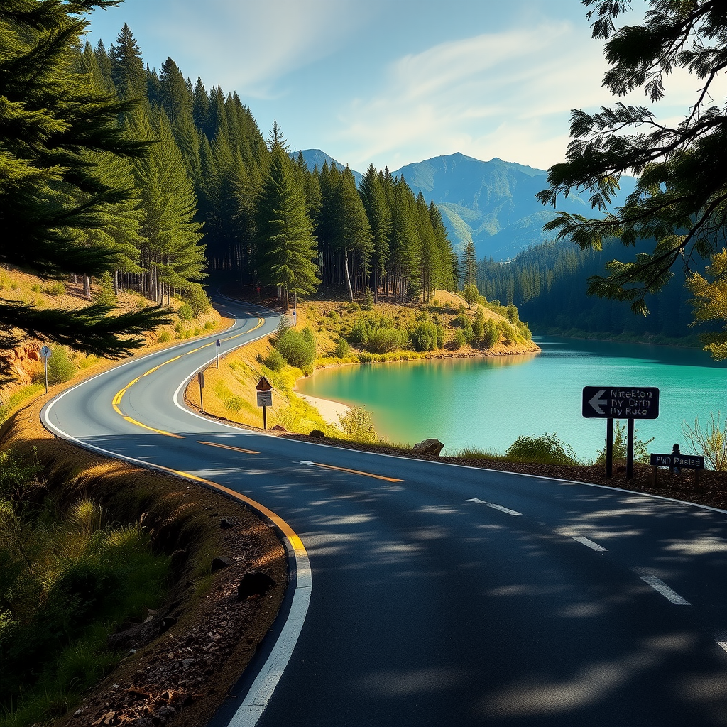 Curva escénica del Camino de los Siete Lagos, rodeada de un denso bosque de coihues y un lago de aguas cristalinas.