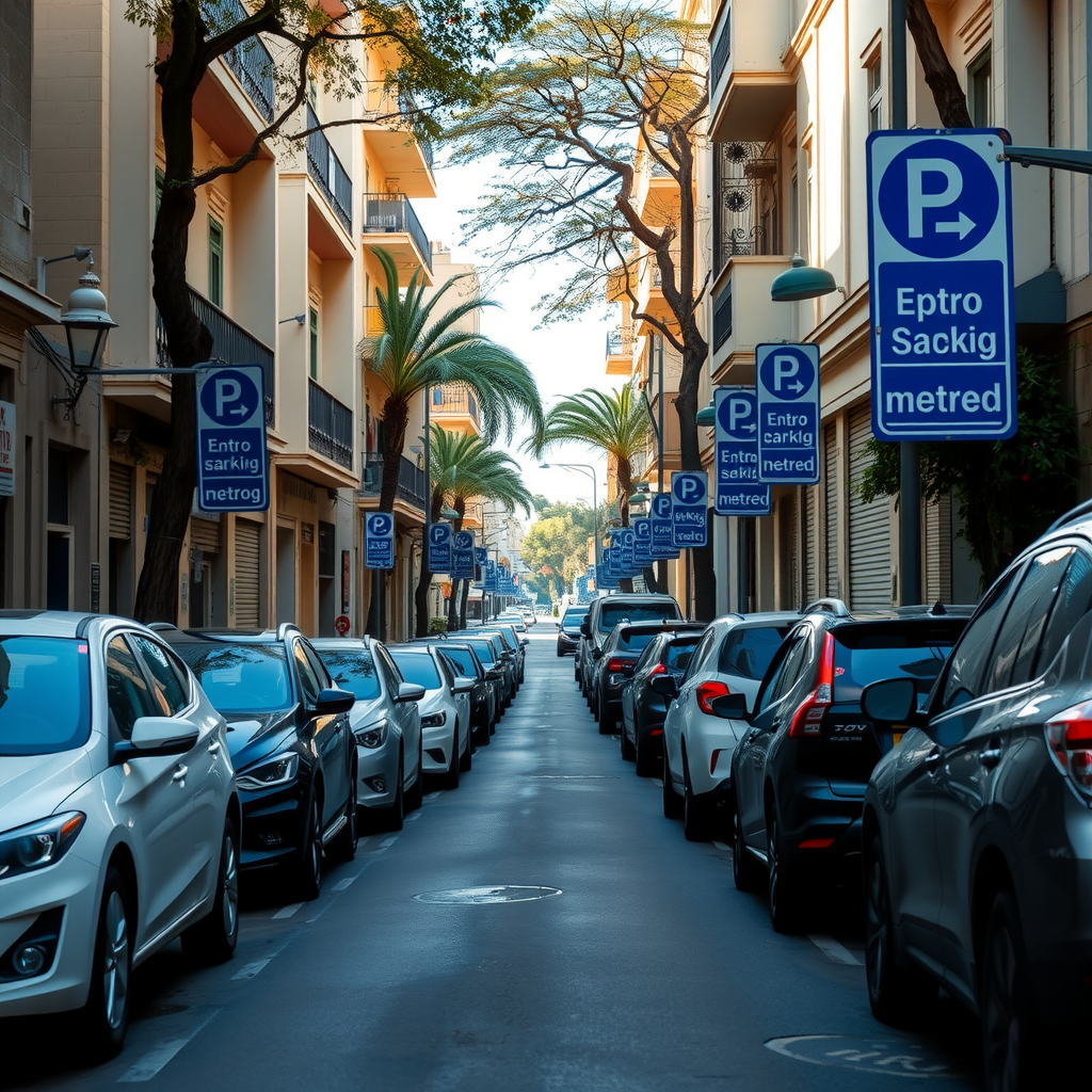 Una calle típica de un barrio de Buenos Aires con autos estacionados en ambos lados y señalización de estacionamiento medido.