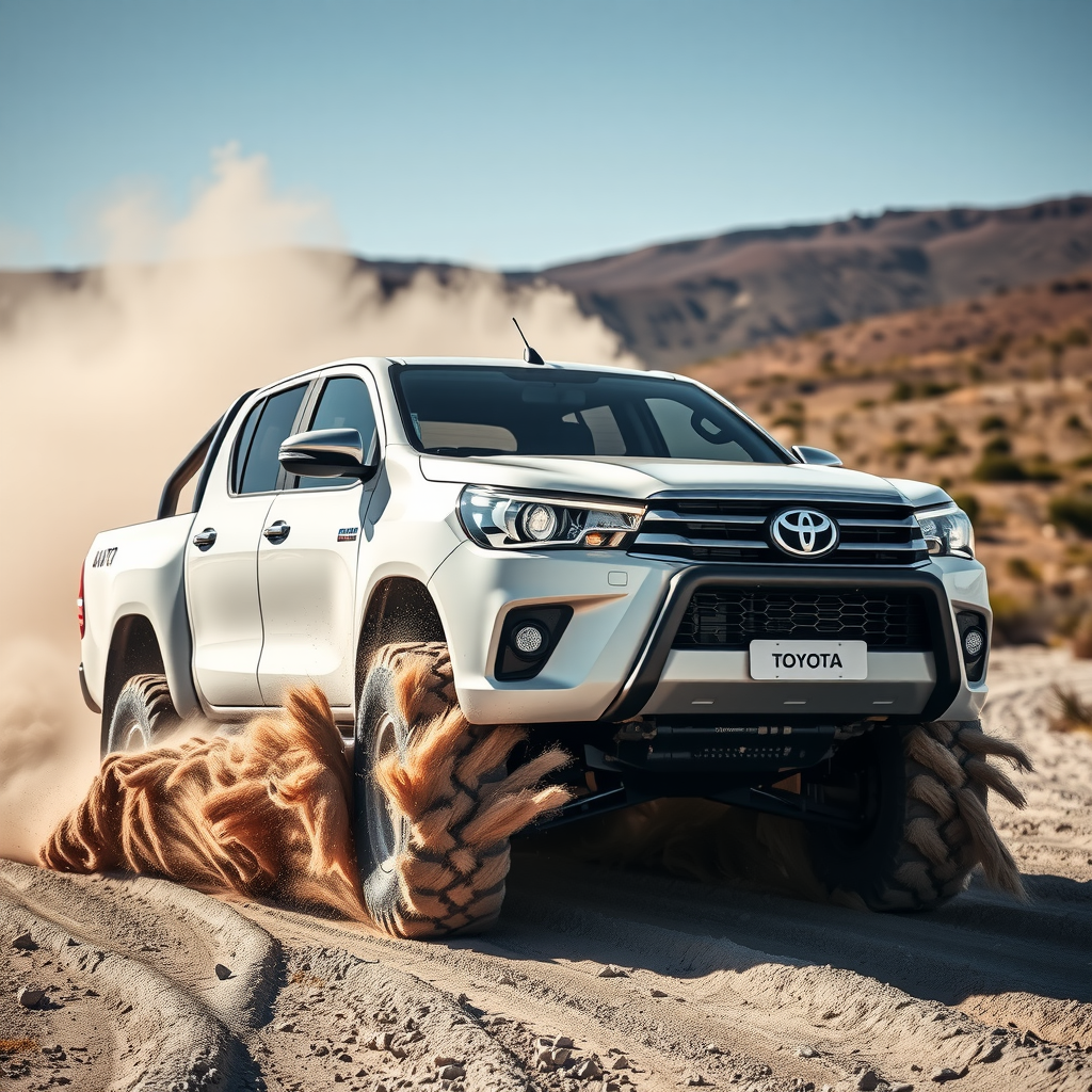 Toyota Hilux blanca levantando polvo en un camino de ripio en la Patagonia, demostrando su capacidad todoterreno.