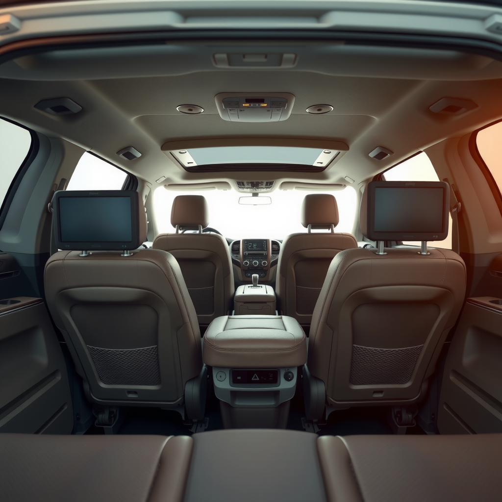 El interior espacioso de un monovolumen, destacando los asientos traseros con amplio espacio para las piernas y un sistema de entretenimiento con pantallas en los reposacabezas.