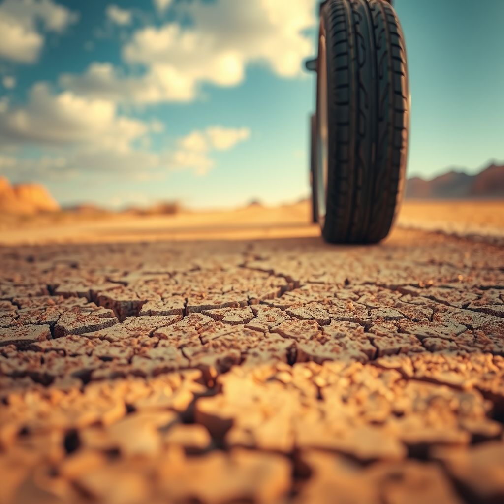 Un primer plano del neumático de un coche en una carretera polvorienta y agrietada en un paisaje cálido y árido, simbolizando los desafíos del clima extremo.