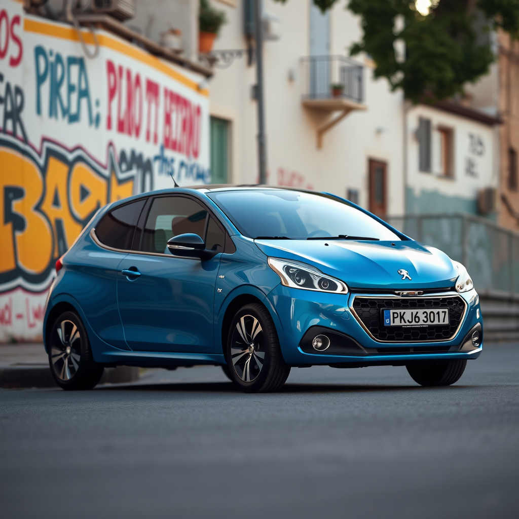 Peugeot 208 de color azul eléctrico estacionado en una calle con grafitis en el barrio de Palermo, mostrando su estilo juvenil.