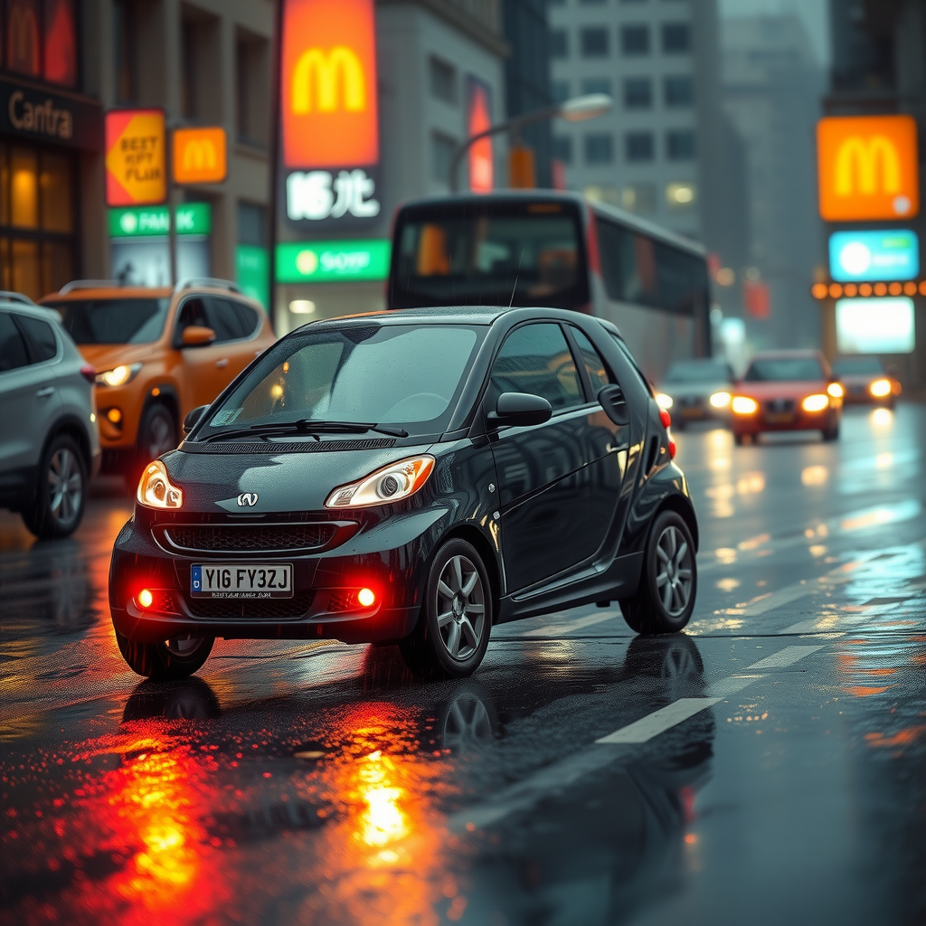 Un coche compacto circulando por una calle de la ciudad durante una fuerte lluvia, con los limpiaparabrisas en acción y los reflejos de las luces en el asfalto mojado.