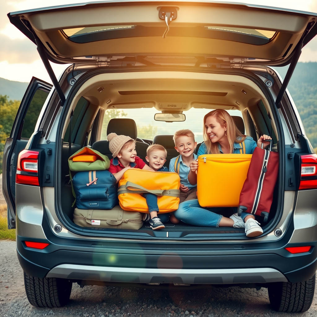 Una familia feliz cargando su equipaje en el espacioso maletero de un SUV, estacionado en un lugar pintoresco listo para un viaje por carretera.