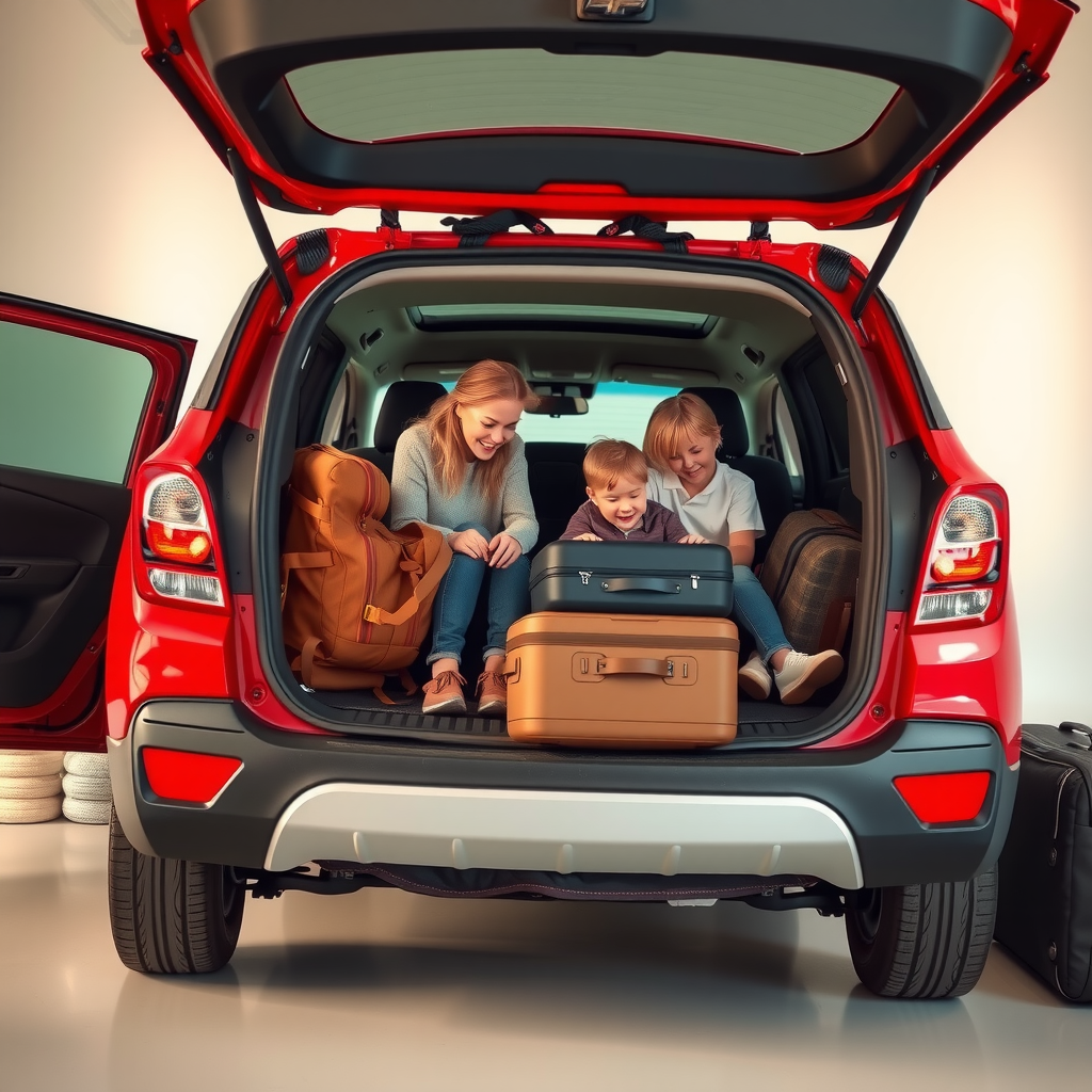 Familia cargando equipaje en el baúl de una Chevrolet Tracker roja, preparándose para un viaje por carretera.