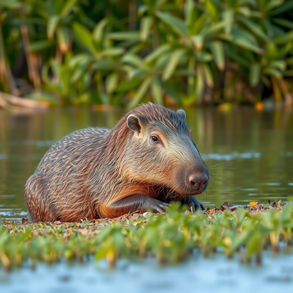 Un carpincho descansa a la orilla de una laguna en los Esteros del Iberá, con la exuberante vegetación de fondo.